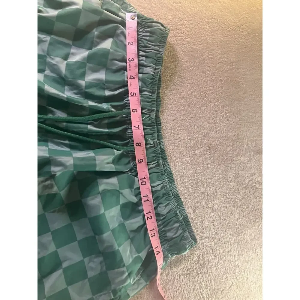 Nike Men's Green Check Swim Shorts Size M Logo Elastic Waist Drawstring